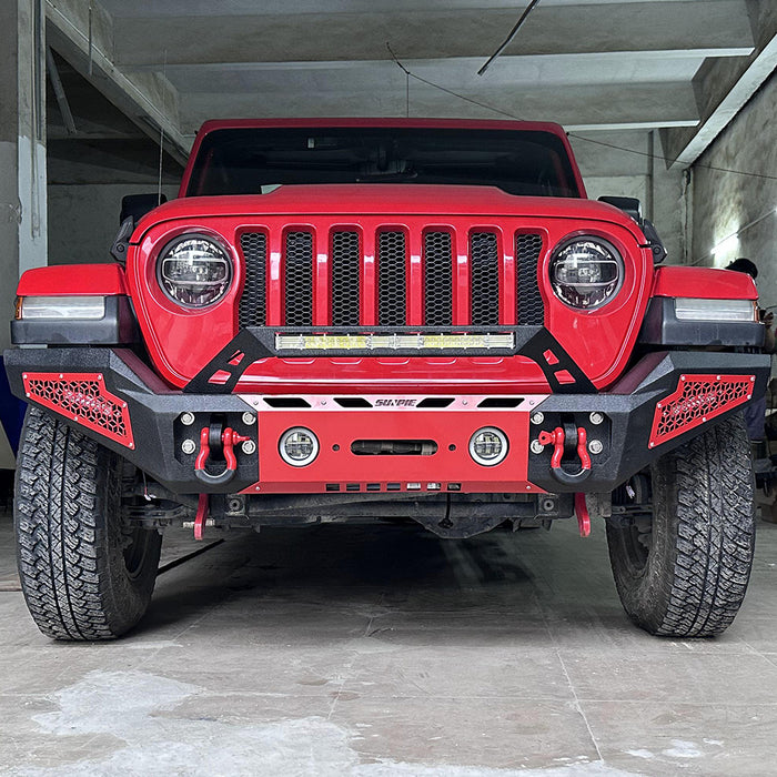 Sunpie Black Steel Front Bumper with Winch Plate and Front License Plate Holder, LED Lights & D-Rings for 2007-2025 Jeep Wrangler JK/JL 4xe & Jeep Gladiator