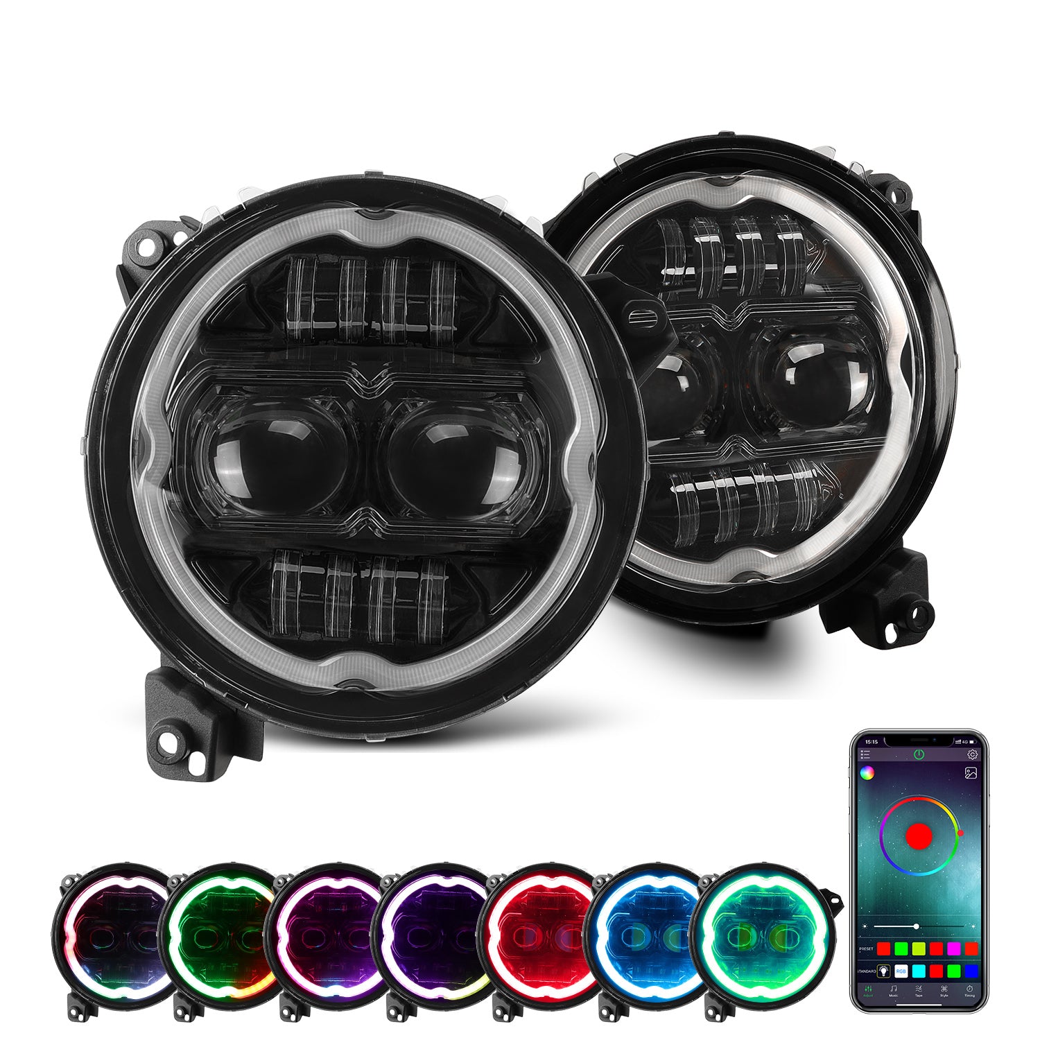 9" Rotating Series RGB Halo LED Headlights with DRL & Turn Signal for 2018+ Jeep Wrangler JL/JLU 4XE & Jeep Gladiator JT (2Pcs/Set)
