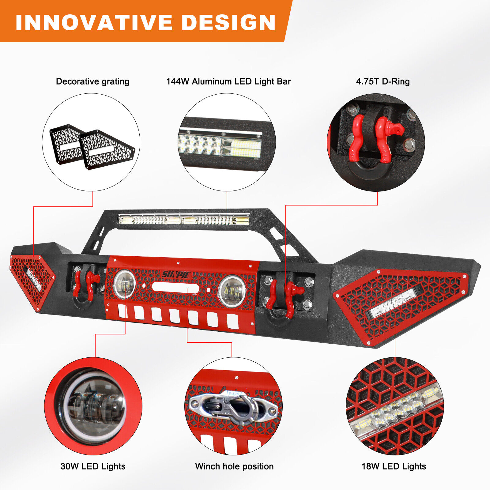 Jeep Front Bumper with Winch Plate, License Plate Bracket, LED Lights & D-Rings for 2007–2026 Jeep Wrangler JK/JL/4XE & Jeep JT