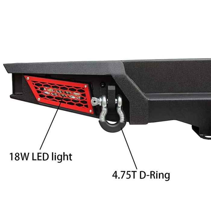 Jeep Rear Bumper Textured Black w/2x 18W LED Lights & Hook Receivers and 2X 4.75T D-Rings Compatible With 2018-2025 Wrangler JL & JLU 4xe