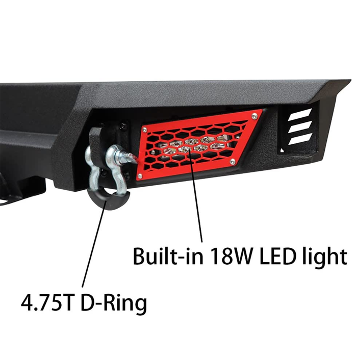 Jeep Wrangler Rear Bumper Black w/2x 18W LED Lights & Hook Receivers and 2X 4.75T D-Rings fit 2007-2018 Wrangler JK & JKU