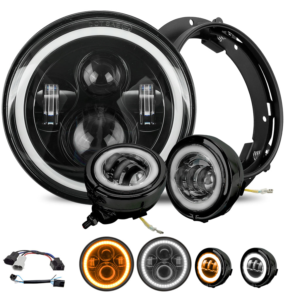 7" LED Headlights & 4" LED Passing Lights & Mounting brackets with Integrated Halo DRL Turn Signal for Harley