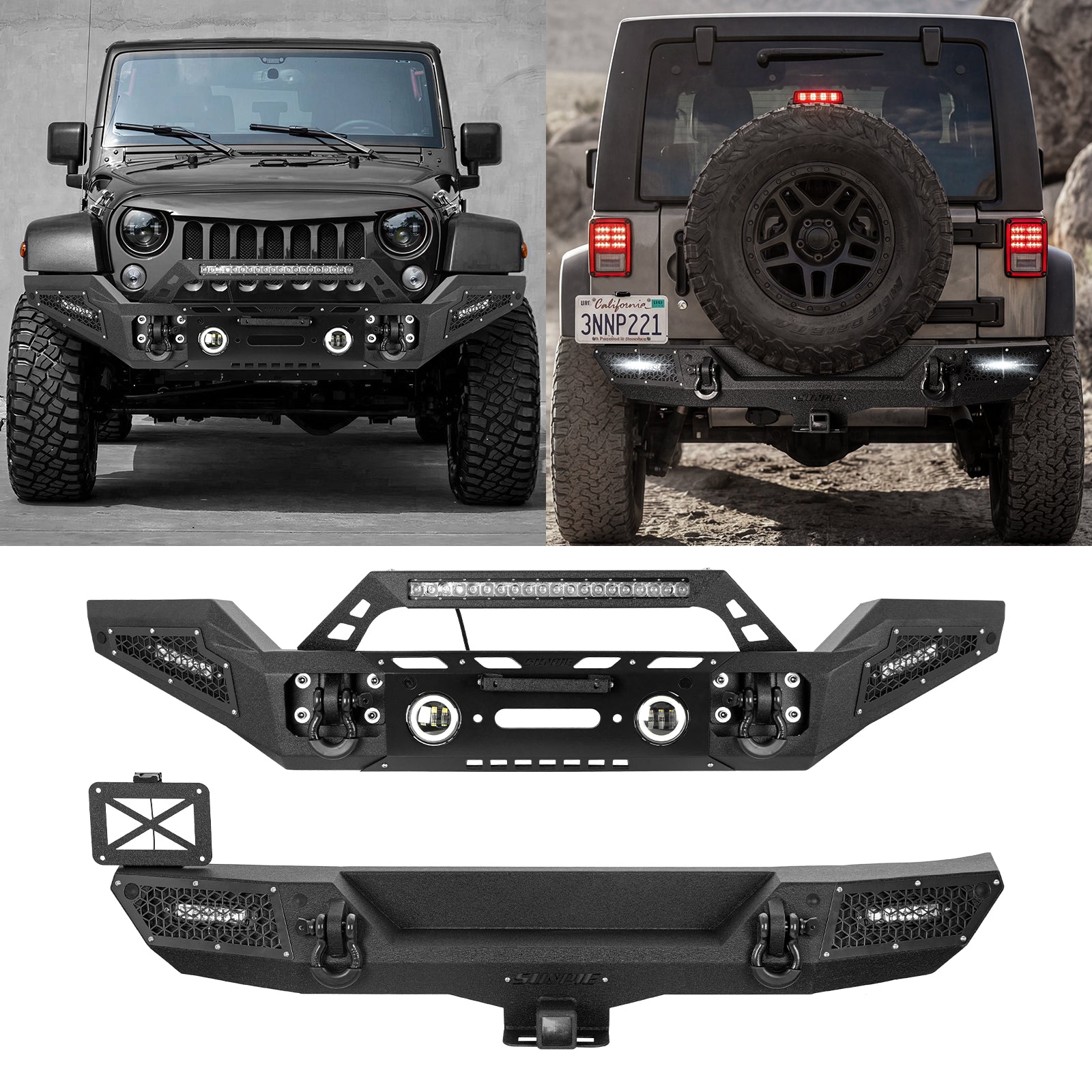 Rugged Carbon Steel Front & Rear Bumper Set for 2007-2018 Wrangler JK/JKU – Includes 6 Color Trim Kits & 2" Hitch