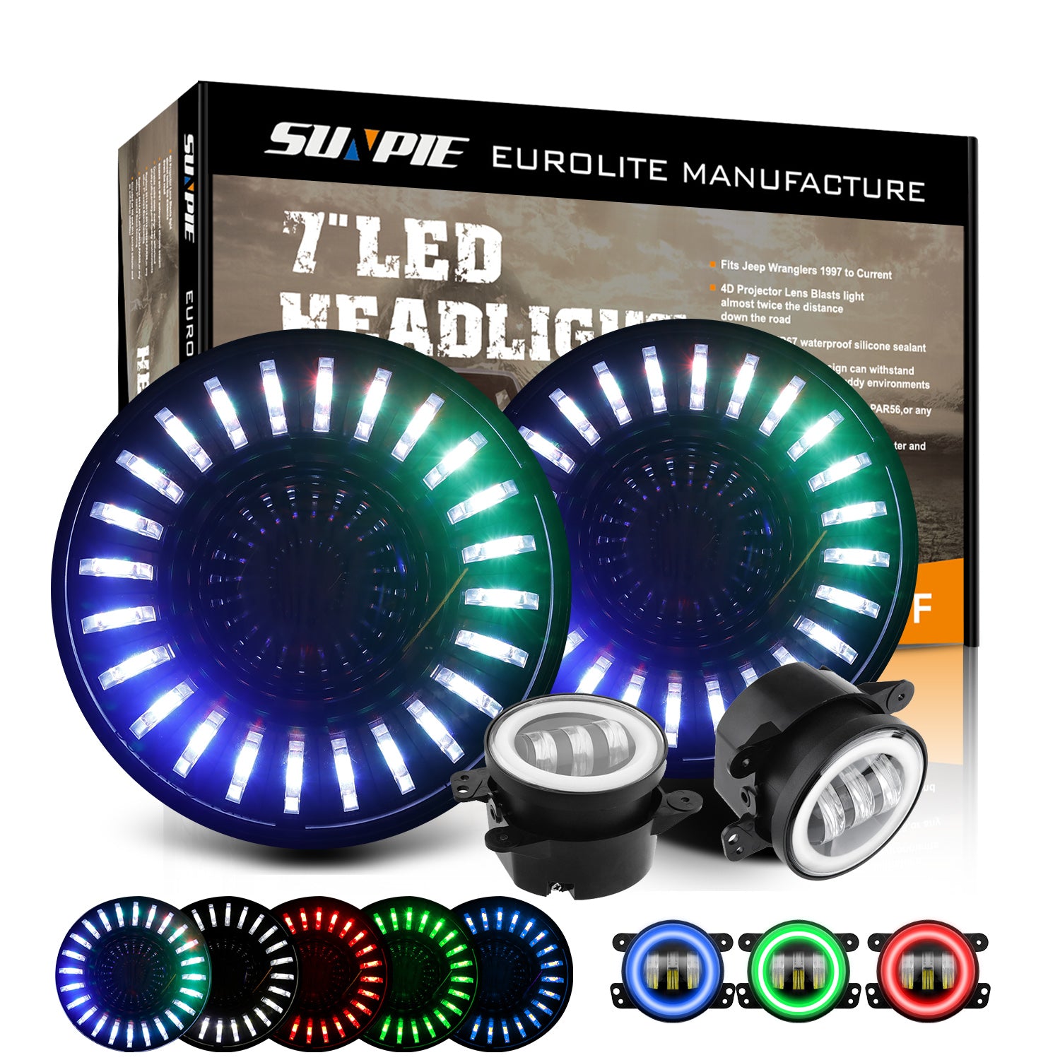 7" 3D RGBW Halo LED Headlights & 4" Fog Lights Combo Kit for 2007-2018 Jeep Wrangler JK JKU (Chrome/Black)