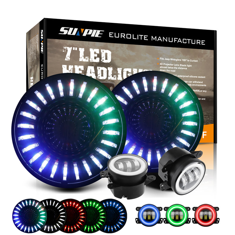 7" 3D RGBW Halo LED Headlights & 4" Fog Lights Combo Kit for 2007-2018 Jeep Wrangler JK JKU (Chrome/Black)