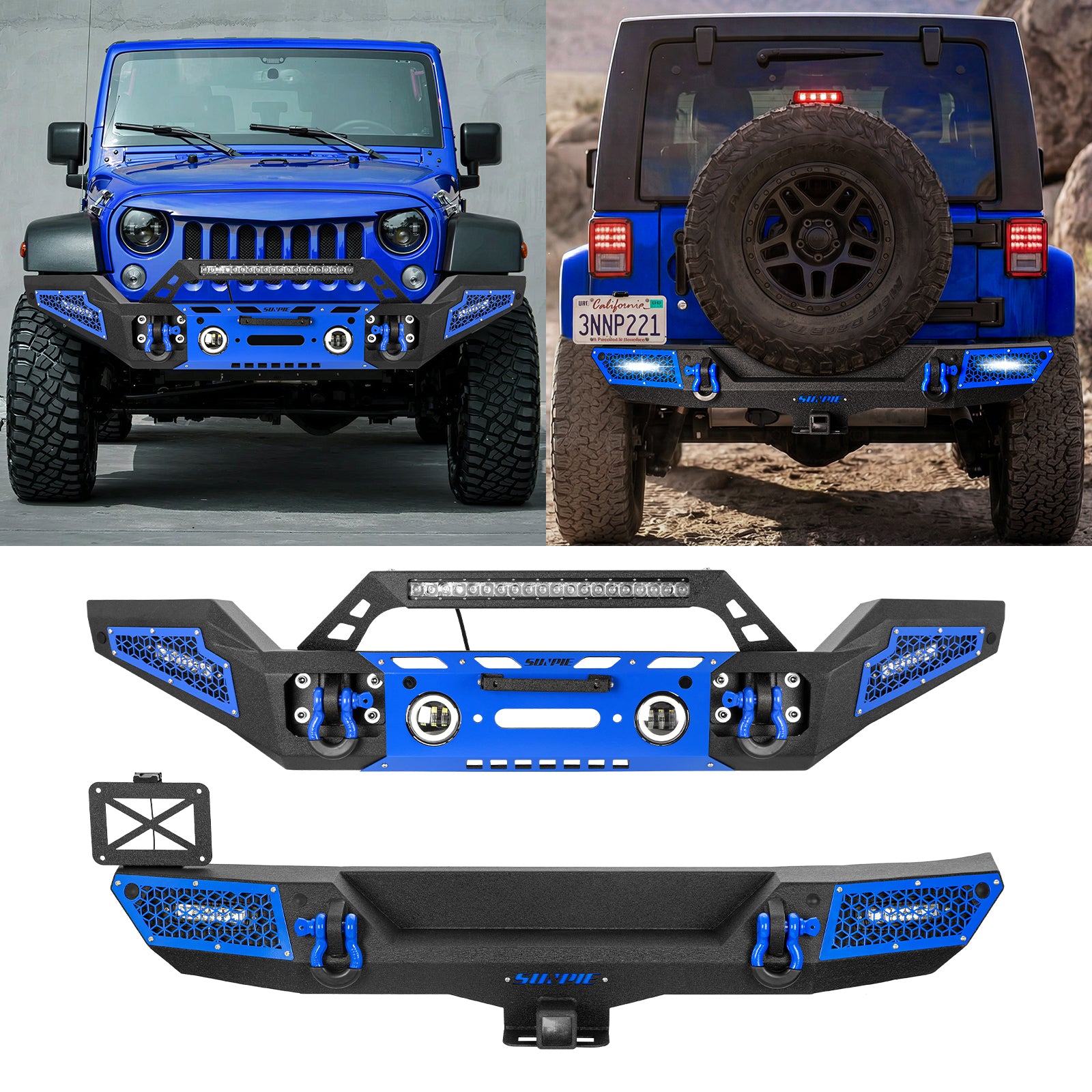 Rugged Carbon Steel Front & Rear Bumper Set for 2007-2018 Wrangler JK/JKU – Includes 6 Color Trim Kits & 2" Hitch