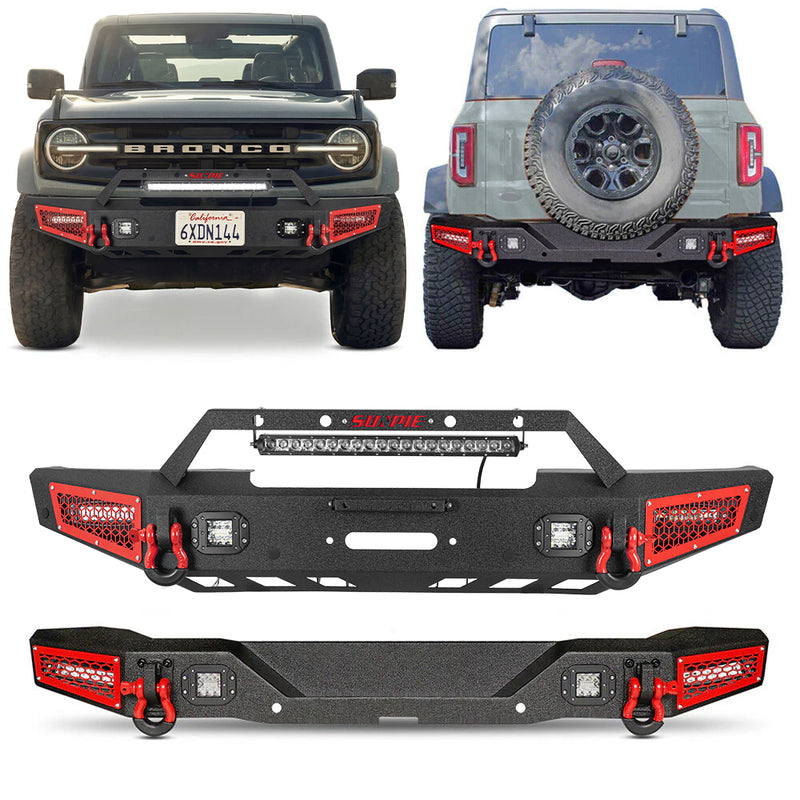 Ford Bronco Steel Front and Rear Bumpers Combo with Offroad Lights & D-rings &  Sensor Mounting Hole