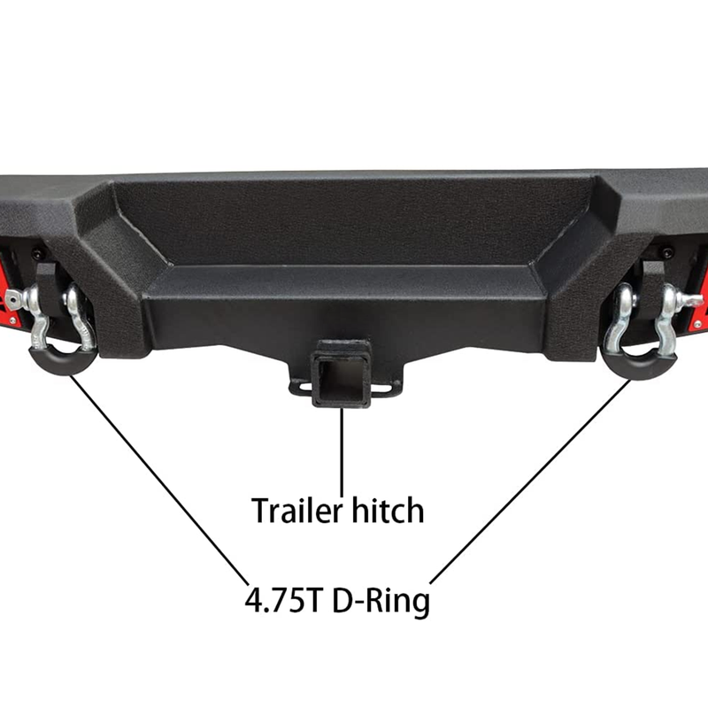 Jeep Rear Bumper Textured Black w/2x 18W LED Lights & Hook Receivers and 2X 4.75T D-Rings Compatible With 2018-2025 Wrangler JL & JLU 4xe