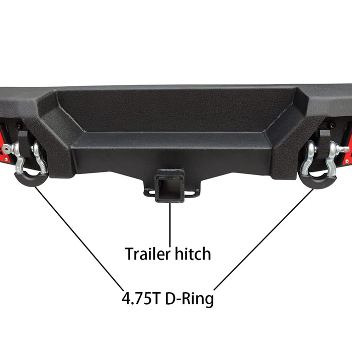 Jeep Rear Bumper Textured Black w/2x 18W LED Lights & Hook Receivers and 2X 4.75T D-Rings Compatible With 2018-2025 Wrangler JL & JLU 4xe
