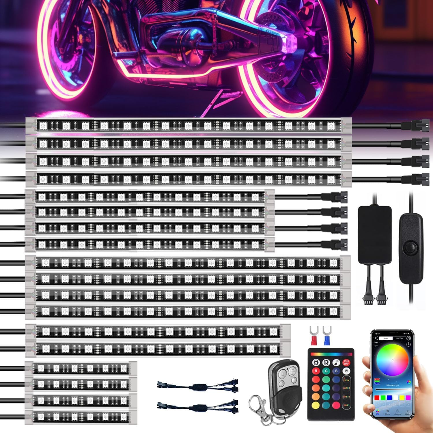 Universal Motorcycle RGB LED Light Kit with Dual Remotes (Advanced Rectangular Controller & 4-Key Keychain)