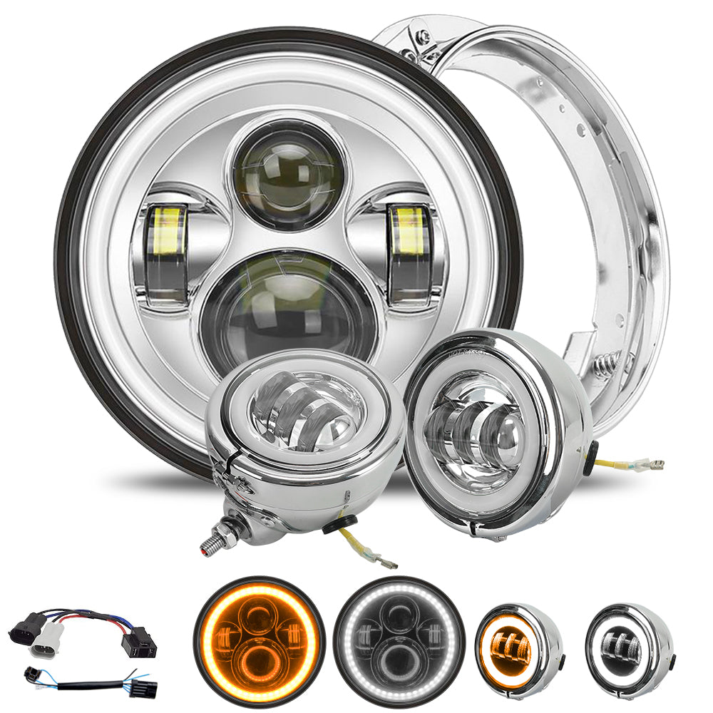 7" LED Headlights & 4" LED Passing Lights & Mounting brackets with Integrated Halo DRL Turn Signal for Harley