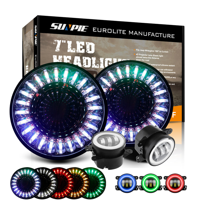 7" 3D RGBW Halo LED Headlights & 4" Fog Lights Combo Kit for 2007-2018 Jeep Wrangler JK JKU (Chrome/Black)