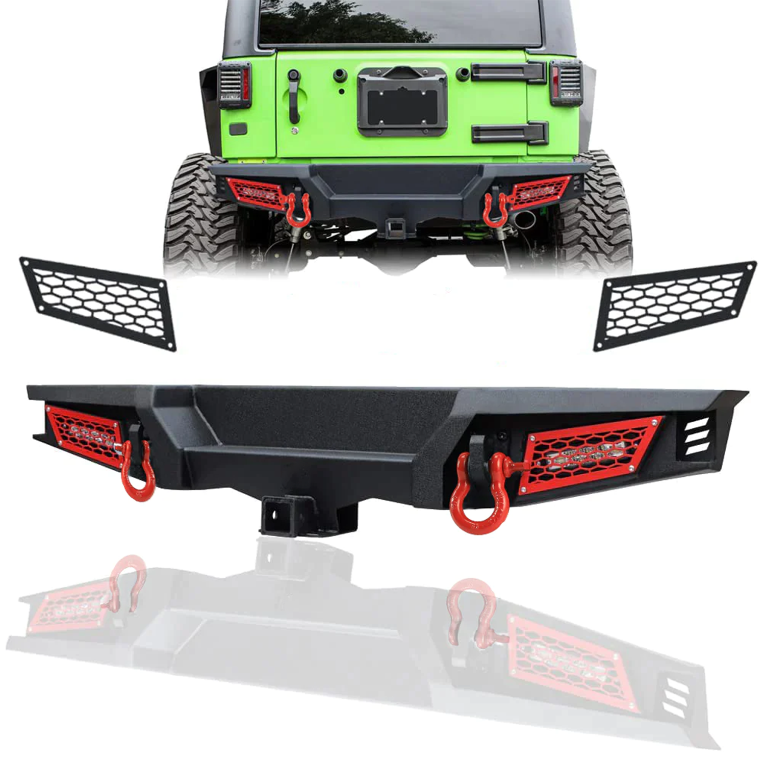 Jeep Wrangler Rear Bumper with LED Lights, D‑Rings & 2″ Receiver Hitch – Fits 2007‑2018 JK JKU