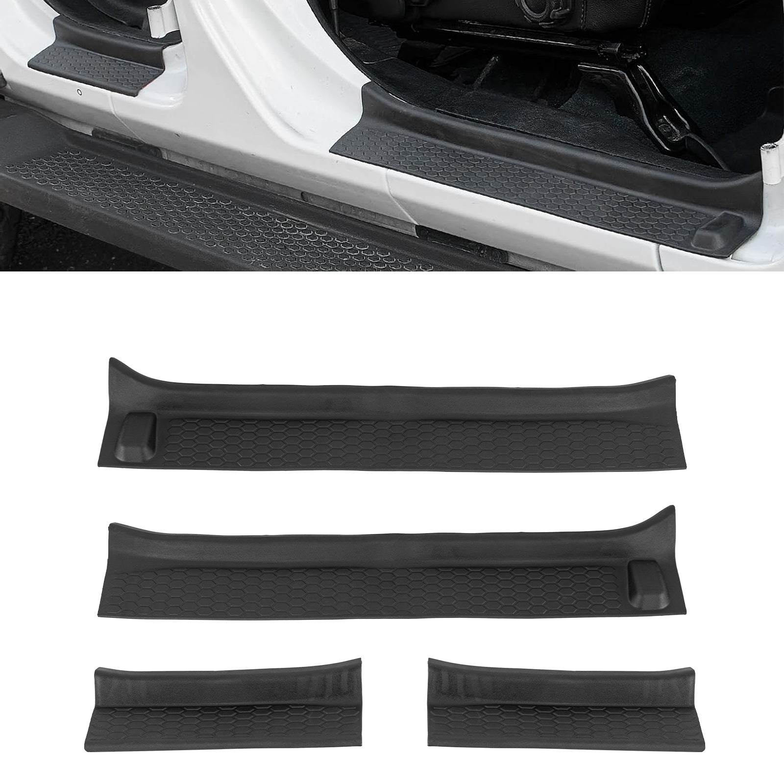 Door Sill Guards Kit for 2018-2026 Jeep Wrangler JL JLU 4XE and Jeep Gladiator JT (4 PCS) installed in vehicle entry.