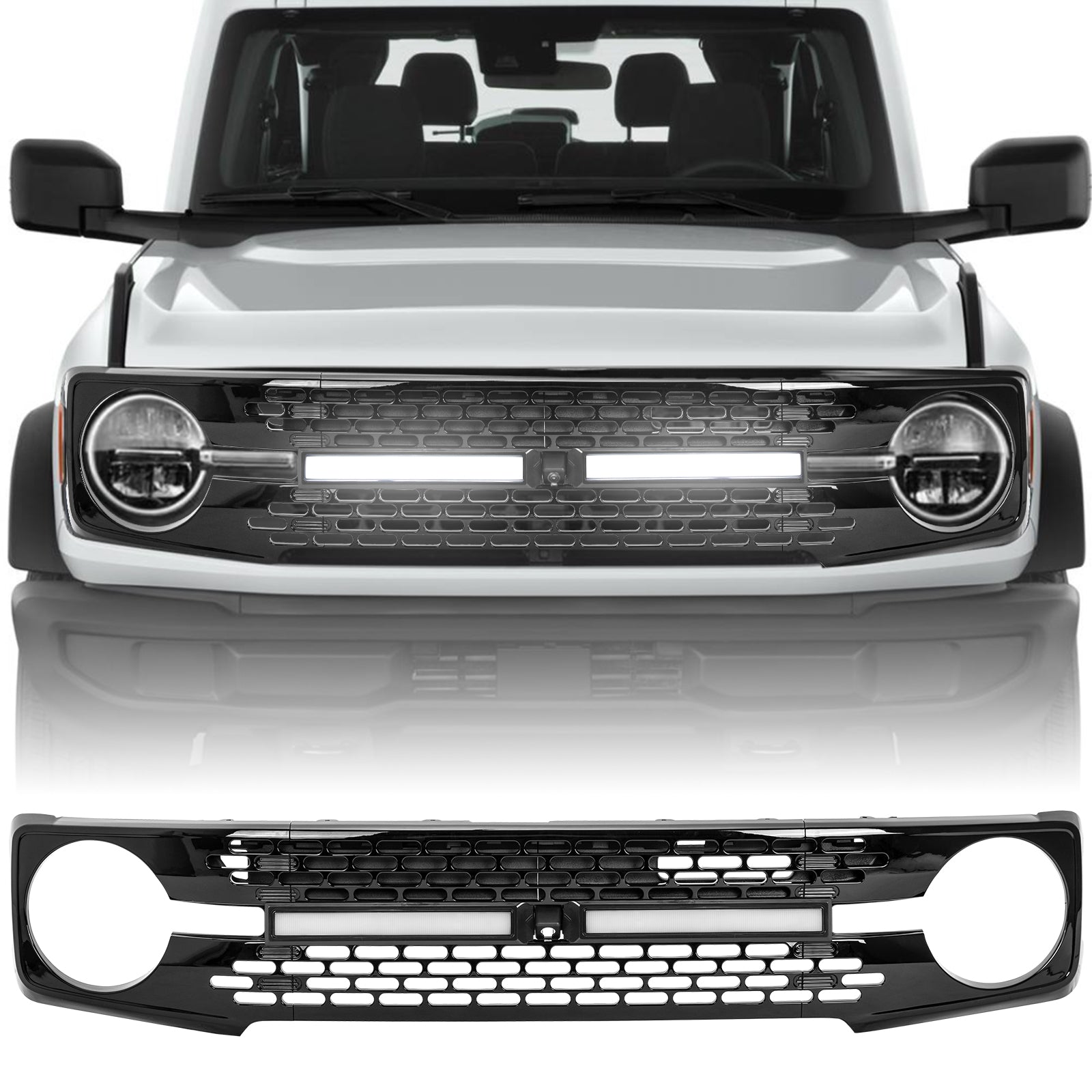 Ford Bronco Gloss Black ABS Grille with Letters and Long Grille Light