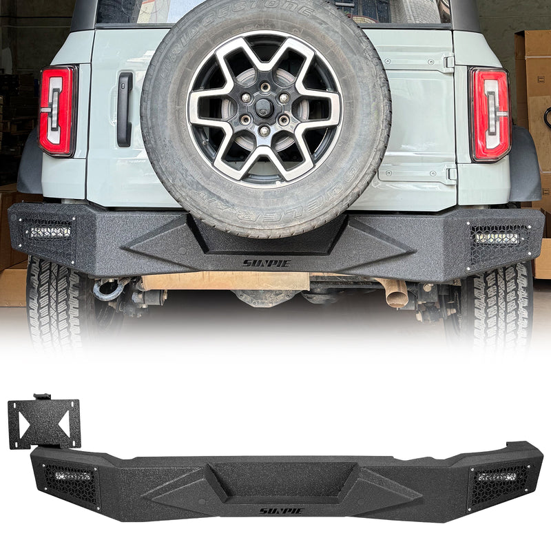 Full-Width Steel Rear Bumper with LED Work Lights, Sensor Holes & License Plate Bracket for 2021–Present Ford Bronco