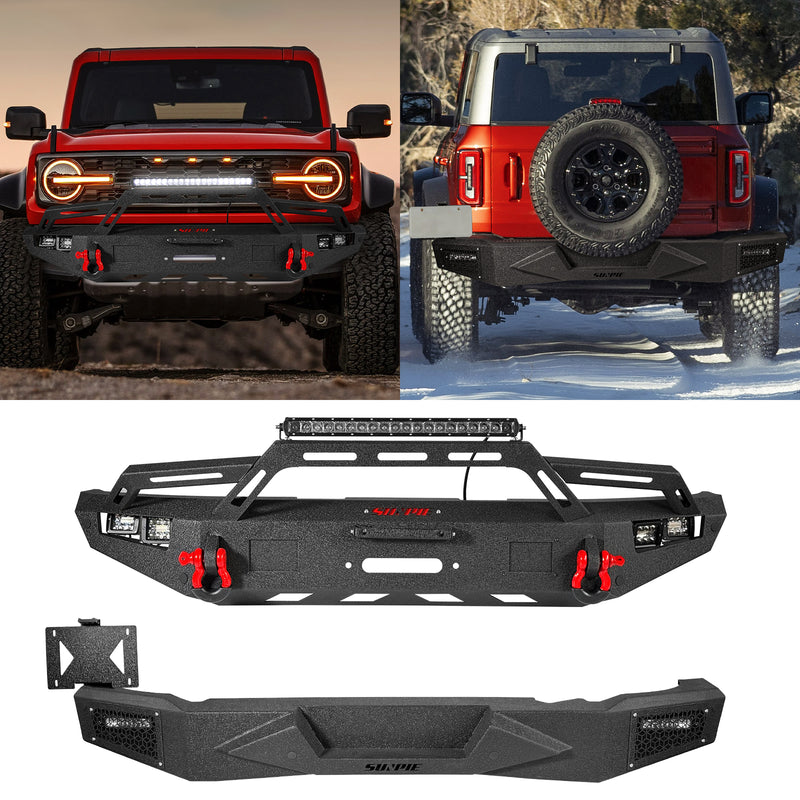 Full-Width Steel Bronco Front & Rear Bumper Combo with ACC Mount, Winch Plate & LED Lights for 2021–2026 Ford Bronco
