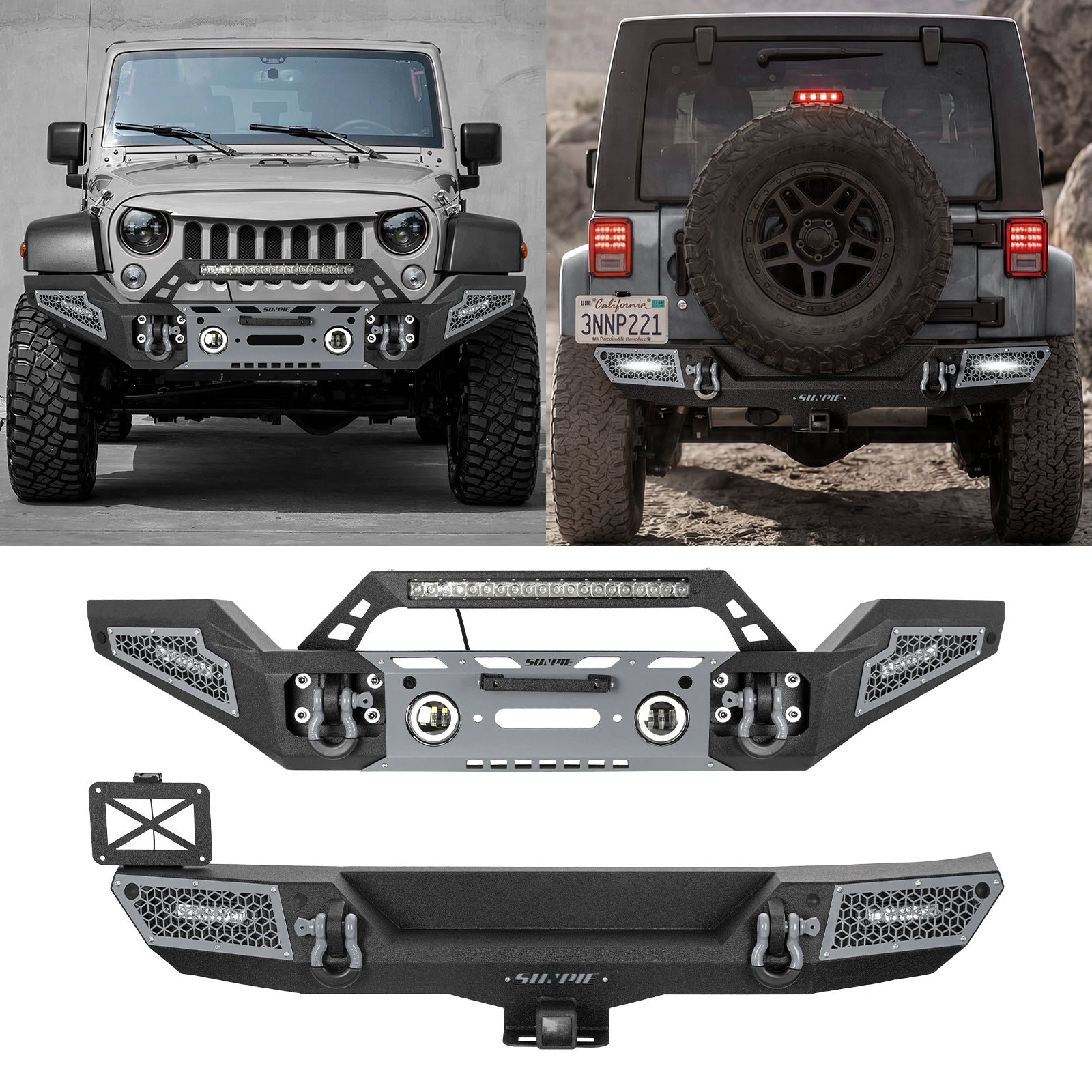 Rugged Carbon Steel Front & Rear Bumper Set for 2007-2018 Wrangler JK/JKU – Includes 6 Color Trim Kits & 2" Hitch
