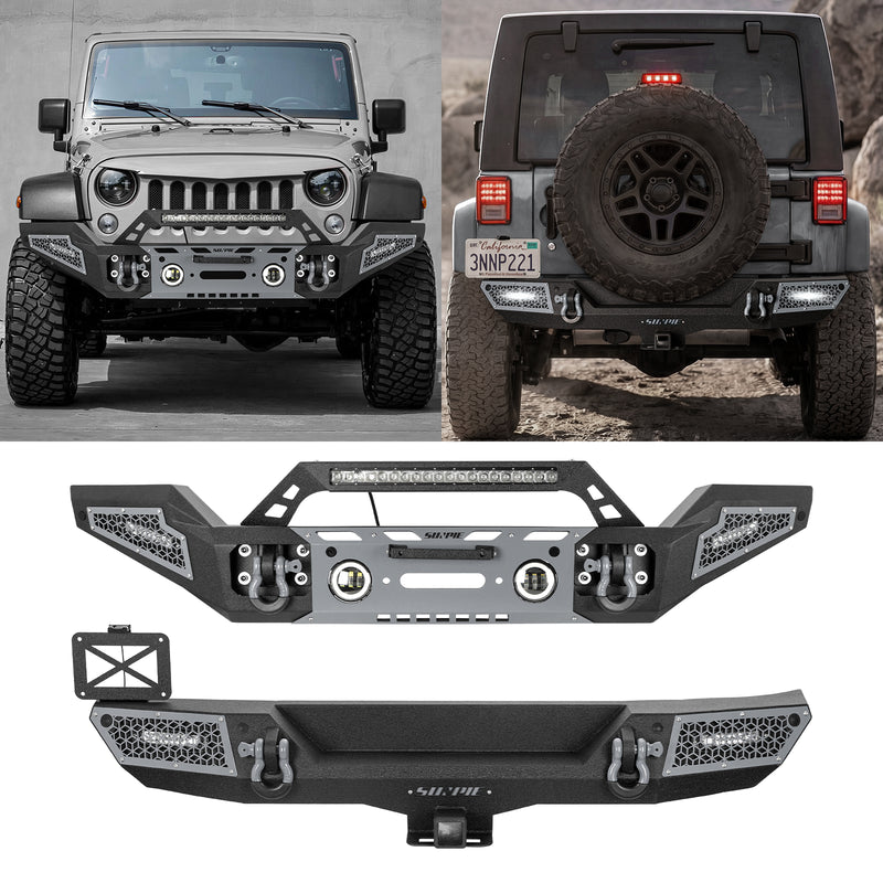 Rugged Carbon Steel Front & Rear Bumper Set for 2007-2018 Wrangler JK/JKU – Includes 6 Color Trim Kits & 2" Hitch
