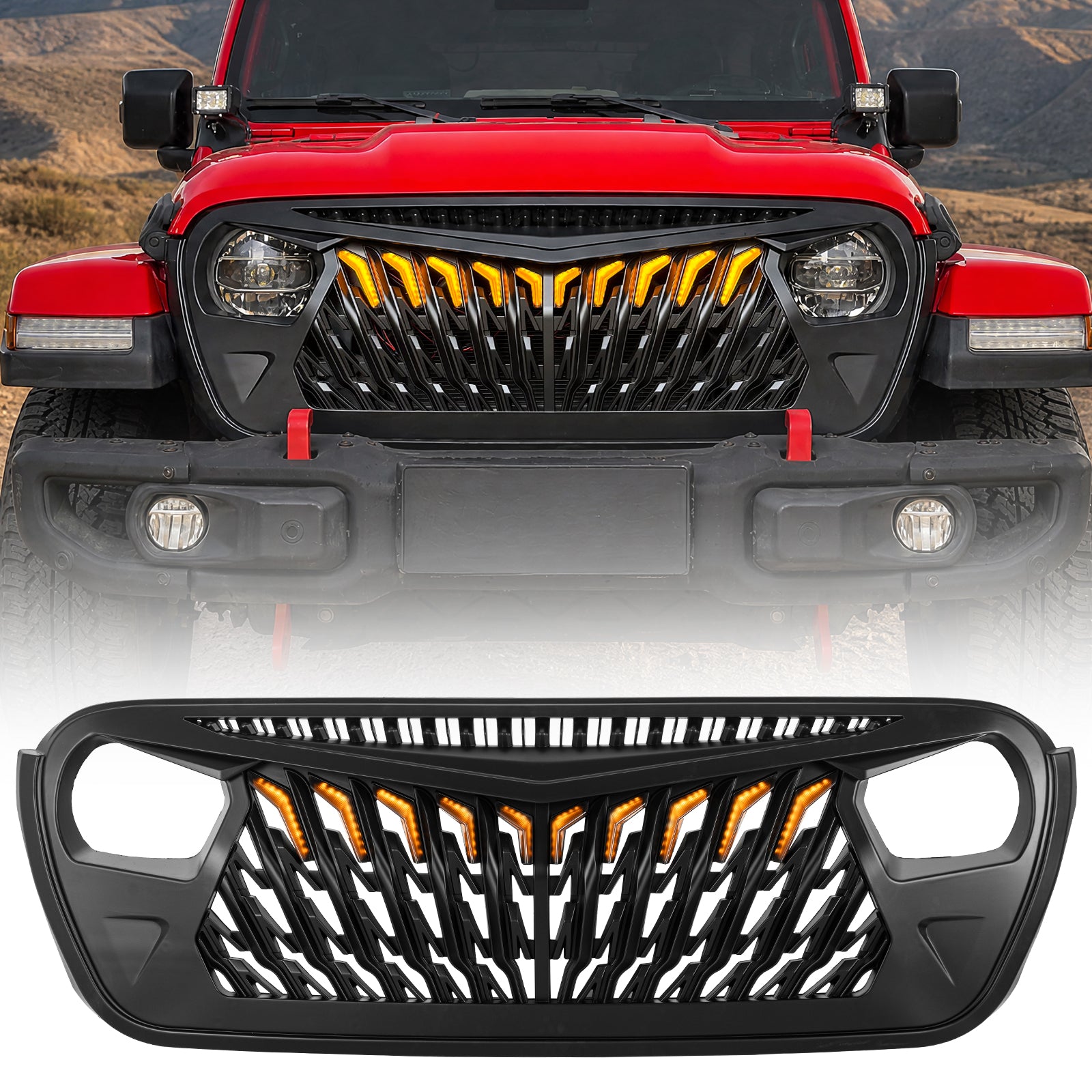 Hawk-Wing Aggressive Front Grille with Amber LED Running Lights for 2018-2026 Jeep Wrangler JL 4xe Gladiator JT