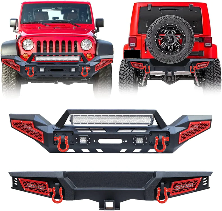 Jeep Front & Rear Bumper with Winch Plate & LED Lights & D-Rings Combo Kits For 2007-2018 Wrangler JK/JKU