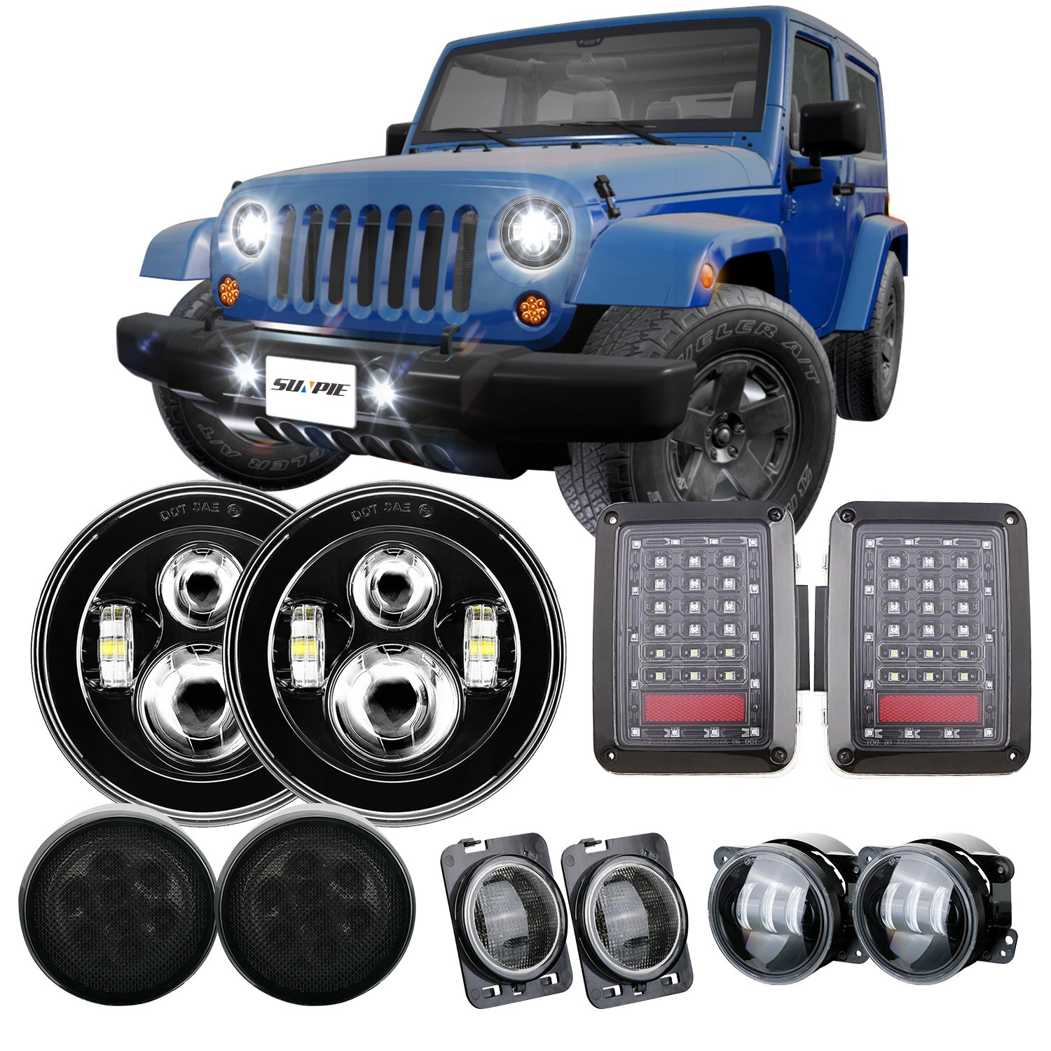 7" Headlights + 4" Fog Lights + Front Turn Signals + Fender Turn Signals + Tail Lights Combo Kit for 2007-2018 Jeep Wrangler JK JKU
