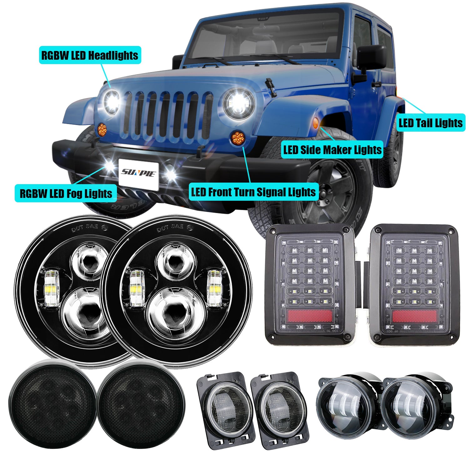 7" Headlights + 4" Fog Lights + Front Turn Signals + Fender Turn Signals + Tail Lights Combo Kit for 2007-2018 Jeep Wrangler JK JKU