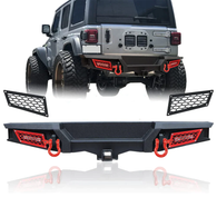 Jeep Rear Bumper Textured Black w/2x 18W LED Lights & Hook Receivers and 2X 4.75T D-Rings Compatible With 2018-2024 Wrangler JL & JLU