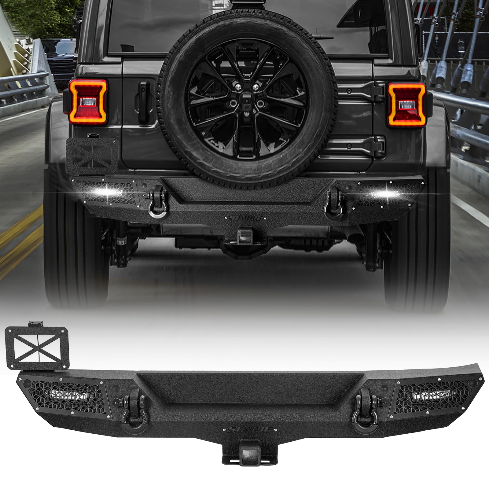 '18-'26 Jeep Wrangler JL JLU 4XE Rear Bumper with 2" Hitch Receiver & LED Lights (6 Colors Available)