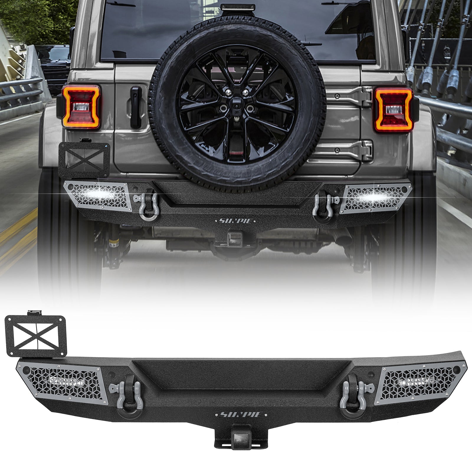 '18-'26 Jeep Wrangler JL JLU 4XE Rear Bumper with 2" Hitch Receiver & LED Lights (6 Colors Available)