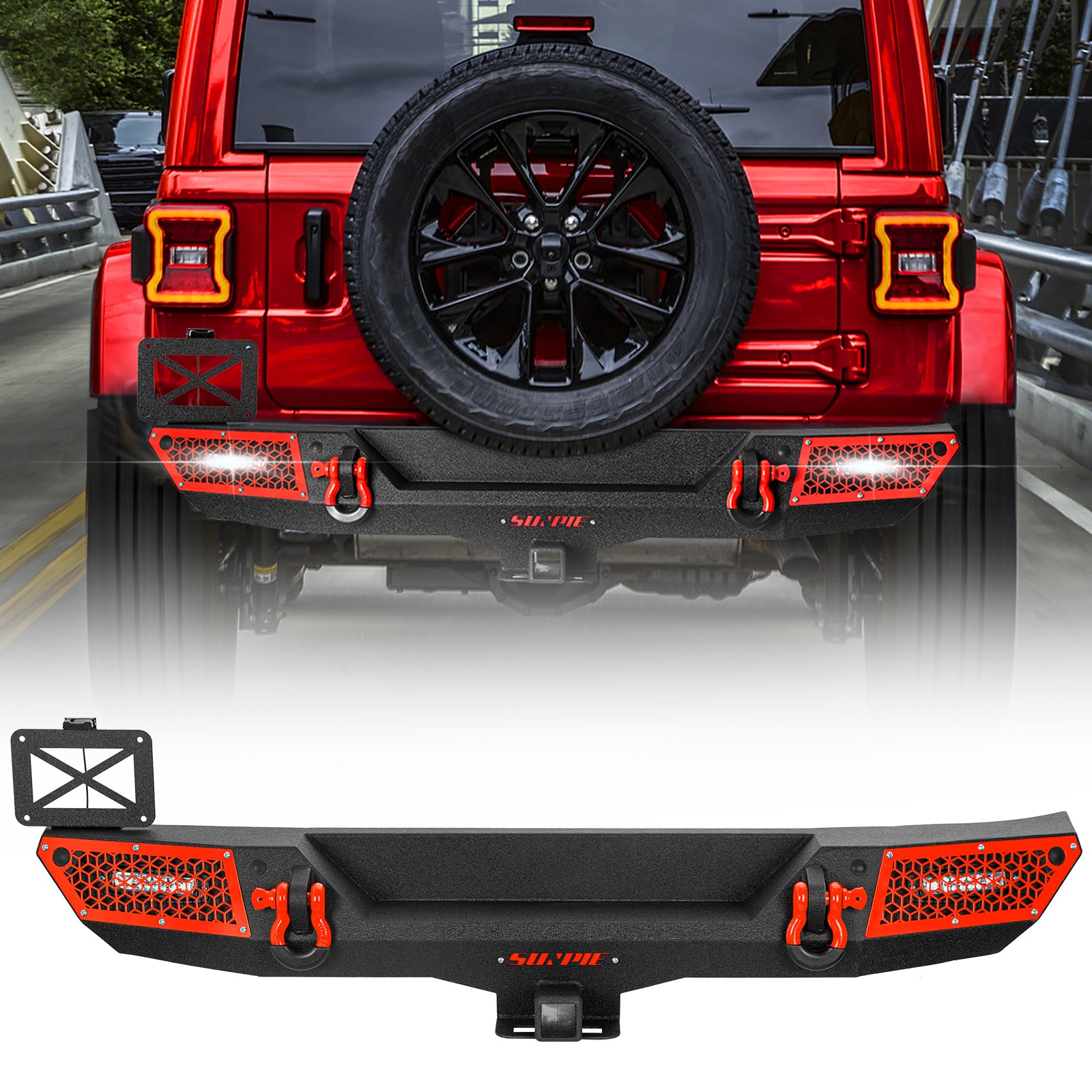 '18-'26 Jeep Wrangler JL JLU 4XE Rear Bumper with 2" Hitch Receiver & LED Lights (6 Colors Available)