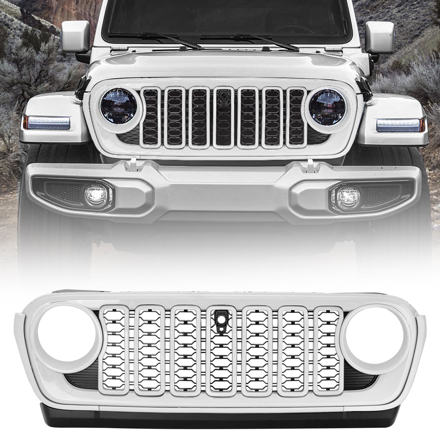 Custom Fit ABS Front Grille with Camera Opening for 2018–2026 Wrangler JL/JLU, 4xe & Gladiator JT – Aftermarket Replacement