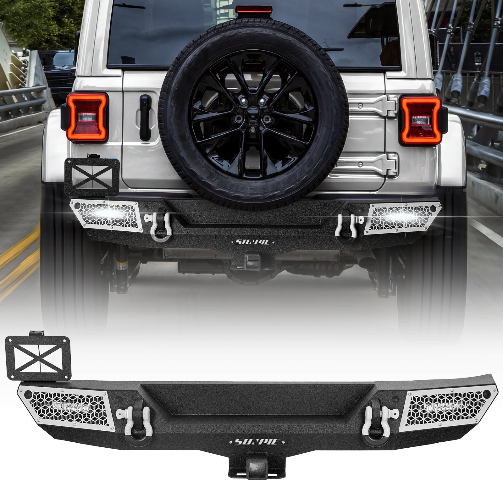 '18-'26 Jeep Wrangler JL JLU 4XE Rear Bumper with 2" Hitch Receiver & LED Lights (6 Colors Available)