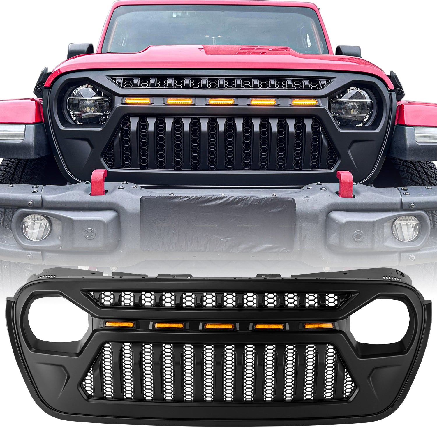 Jeep Grille (Angry Birds) with White/Amber LED Lights ABS Matte Black for 2018-2026 Jeep Wrangler JL JLU 4XE & Jeep Gladiator JT