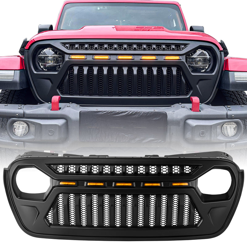 Jeep Grille (Angry Birds) with White/Amber LED Lights ABS Matte Black for 2018-2025 Jeep Wrangler JL JLU 4XE & Jeep Gladiator JT