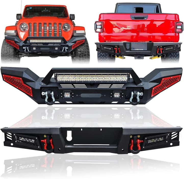 2019-Later Jeep Gladiator JT Front & Rear Bumpers Texture Black with Winch Plate & 7 LED Lights & 4 D-Ring