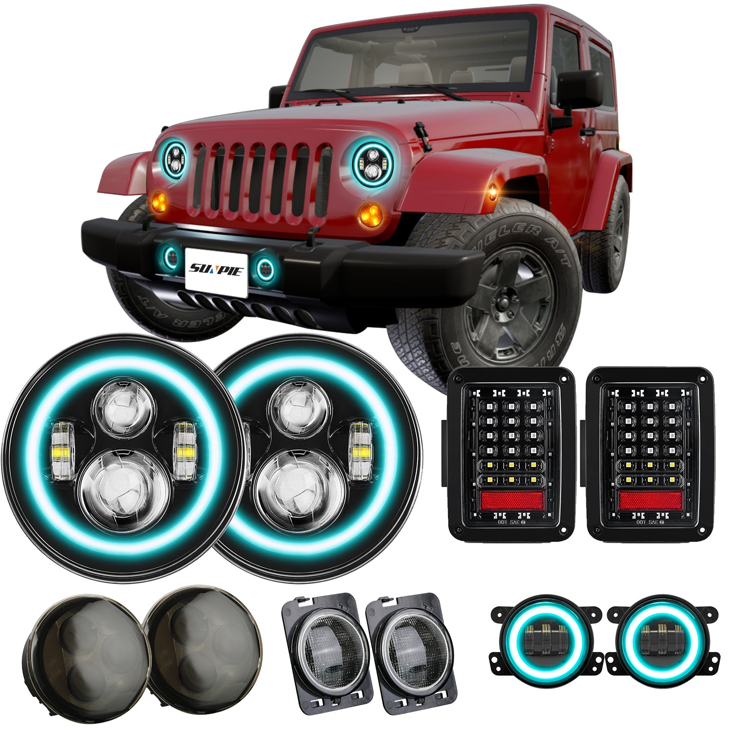 '07-'18 Jeep Wrangler JK/JKU LED Lights Combo Kit - 7" RGBW Headlights, 4"RGBW Fog Lights, Front Turn Signals, Fender Turn Signals, Tail Lights