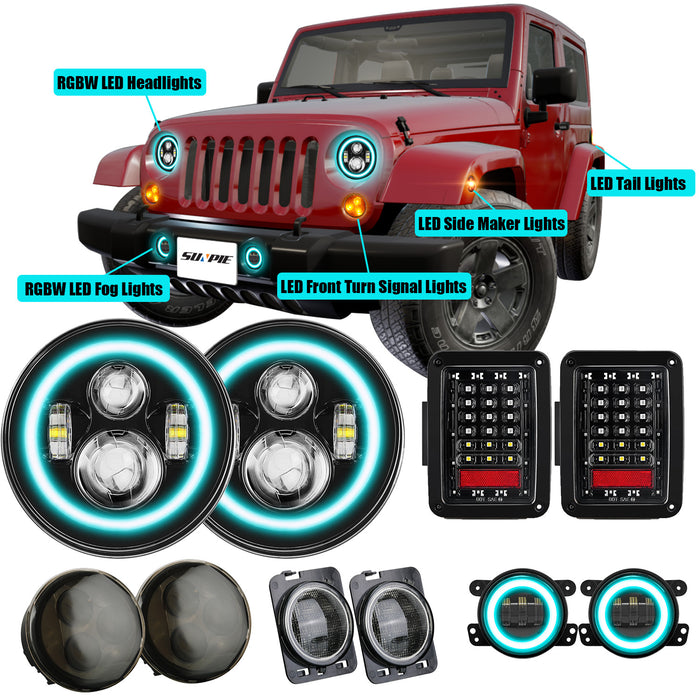 Jeep Wrangler JK/JKU LED Lights Combo Kits, 7" RGBW Headlights, 4"RGBW Fog Lights, Front Turn Signals, Fender Turn Signals, Tail Lights