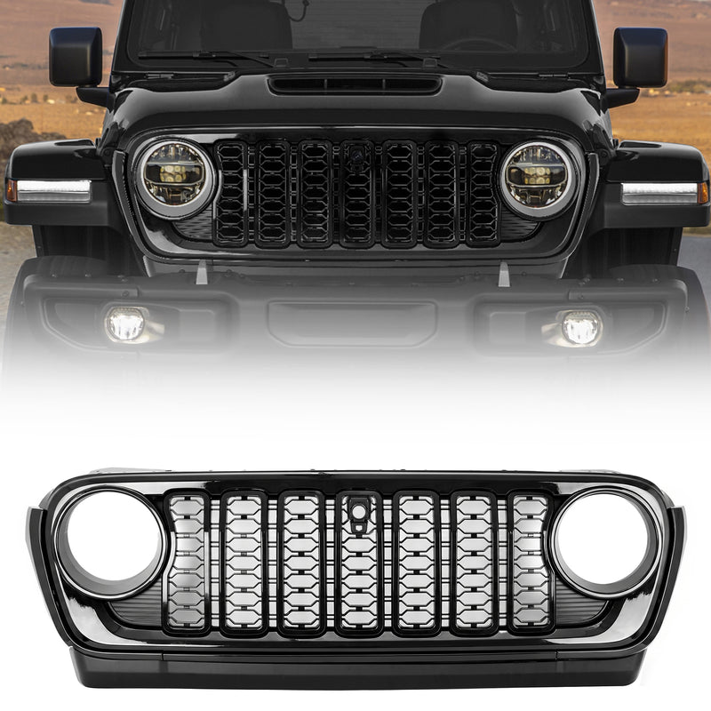 Custom Fit ABS Front Grille with Camera Opening Compatible with 2018–2026 Wrangler JL/JLU, 4xe & Gladiator JT – Aftermarket Replacement