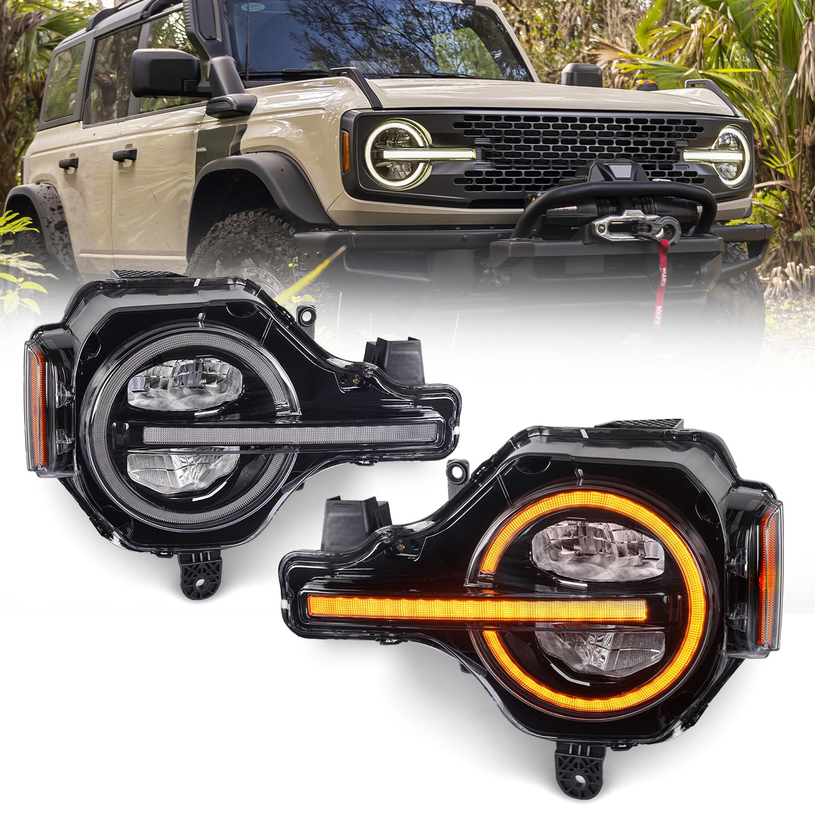 LED Headlights Assembly for 2021-2026 Ford Bronco with DRL and Amber Sequential Turn Signal (2Pcs/Set)