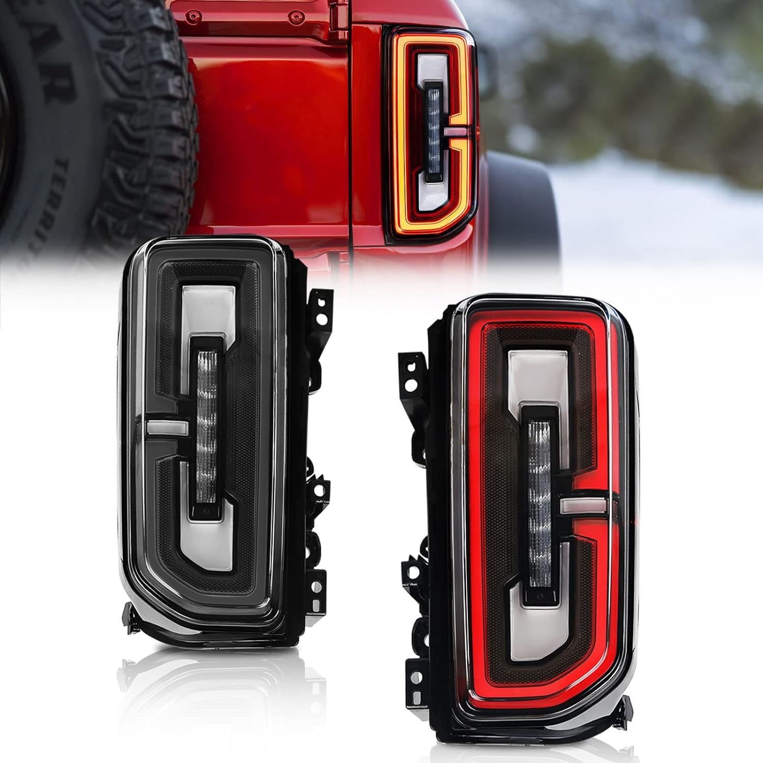 LED Tail Lights Assembly for 2021-2026 Ford Bronco Red & Smoked Lens w/ Sequential Turn Signal (2Pcs/Set)
