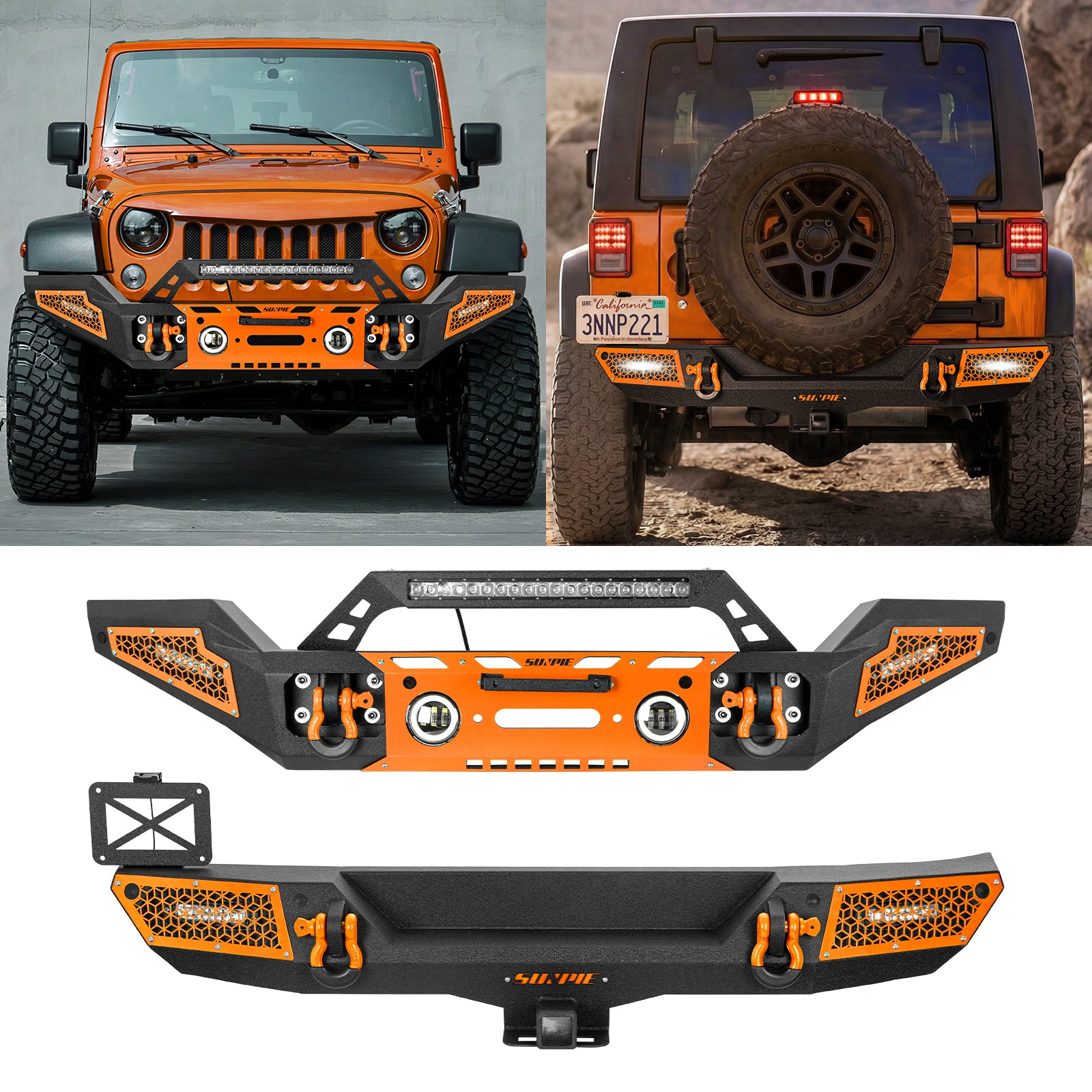 Rugged Carbon Steel Front & Rear Bumper Set for 2007-2018 Wrangler JK/JKU – Includes 6 Color Trim Kits & 2" Hitch