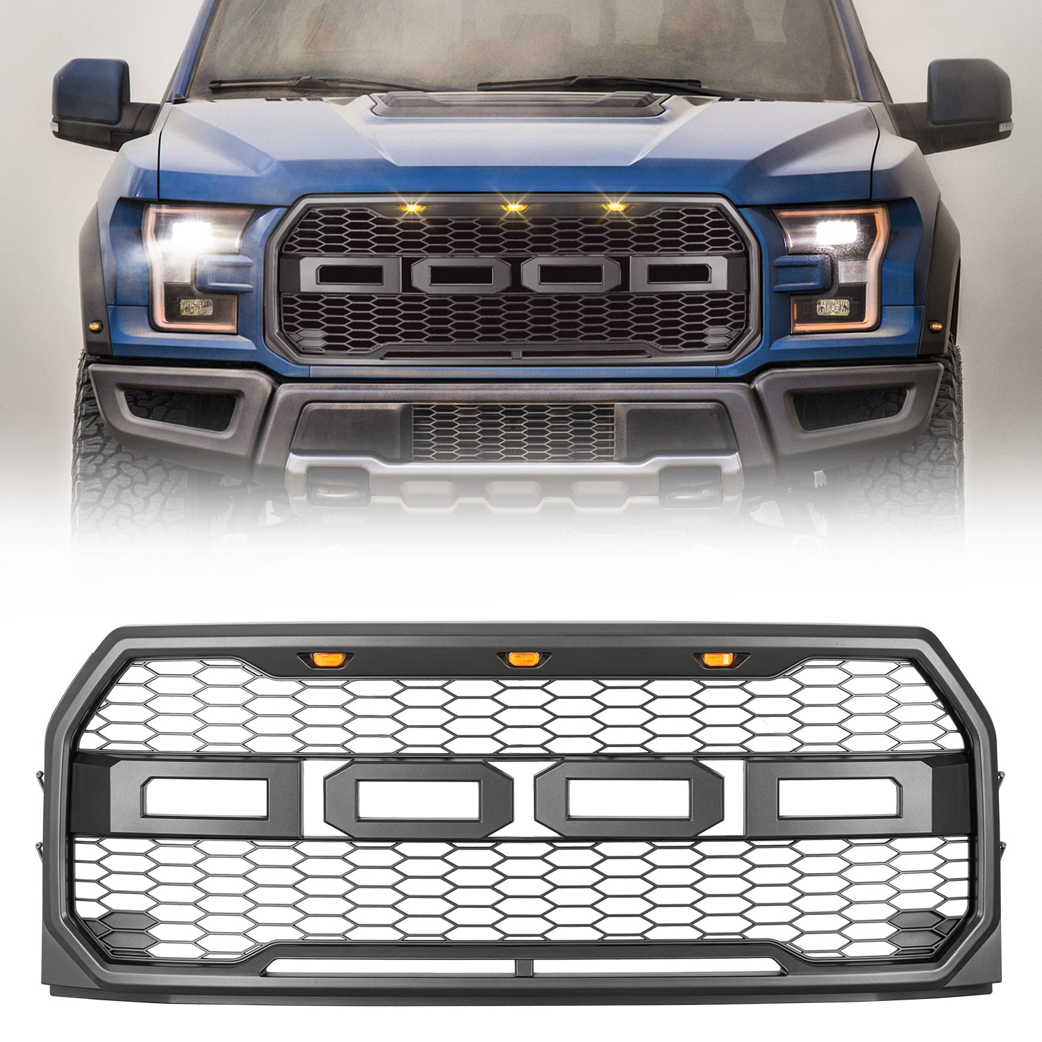Raptor Style Front Grille for Ford F-150 (2015-2017) with Amber LED Lights & Letters