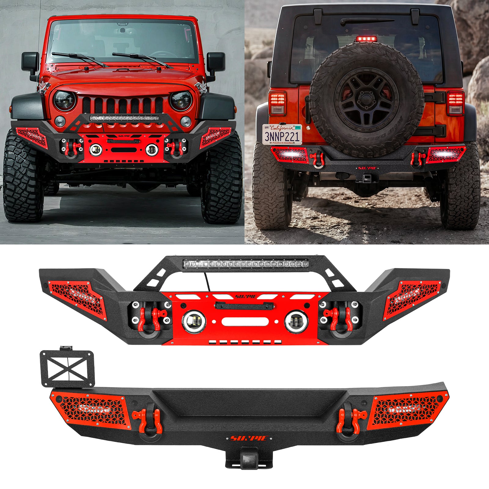 Rugged Carbon Steel Front & Rear Bumper Set for 2007-2018 Wrangler JK/JKU – Includes 6 Color Trim Kits & 2" Hitch