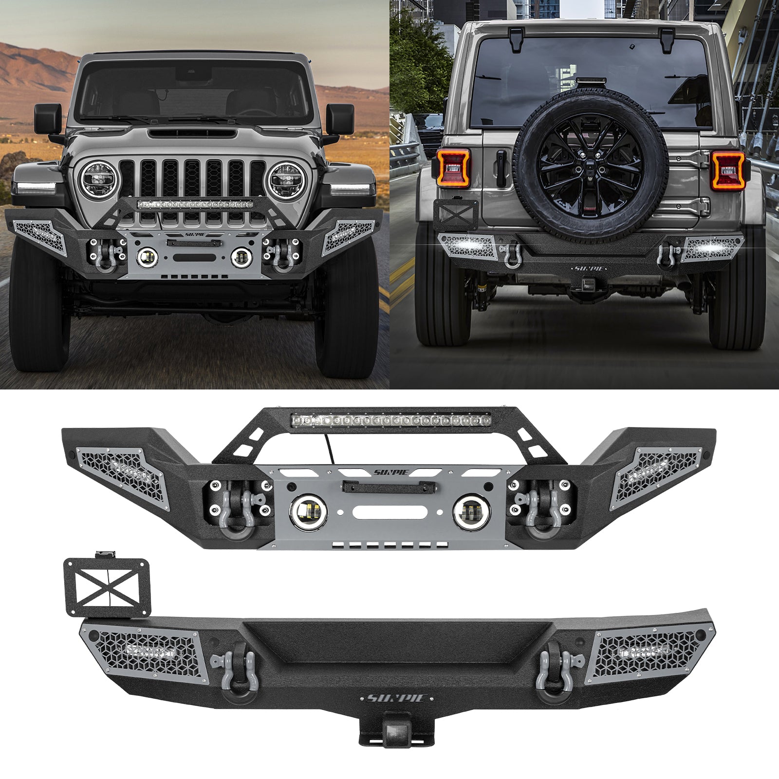All-Terrain Series Front & Rear Bumper Kit for 2018-2026 Jeep Wrangler JL/JLU & 4xe – 6 Color Accents & Sensor Compatible