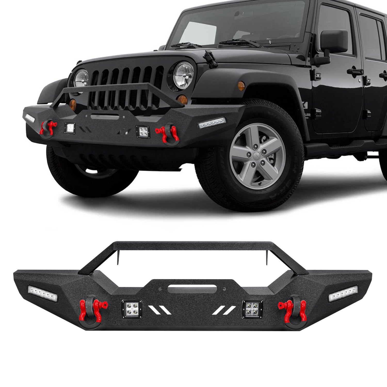 Jeep Front Bumper with Winch Plate, LED Lights & D-Rings for 2007–2026 Wrangler JK/JL/4XE & JT