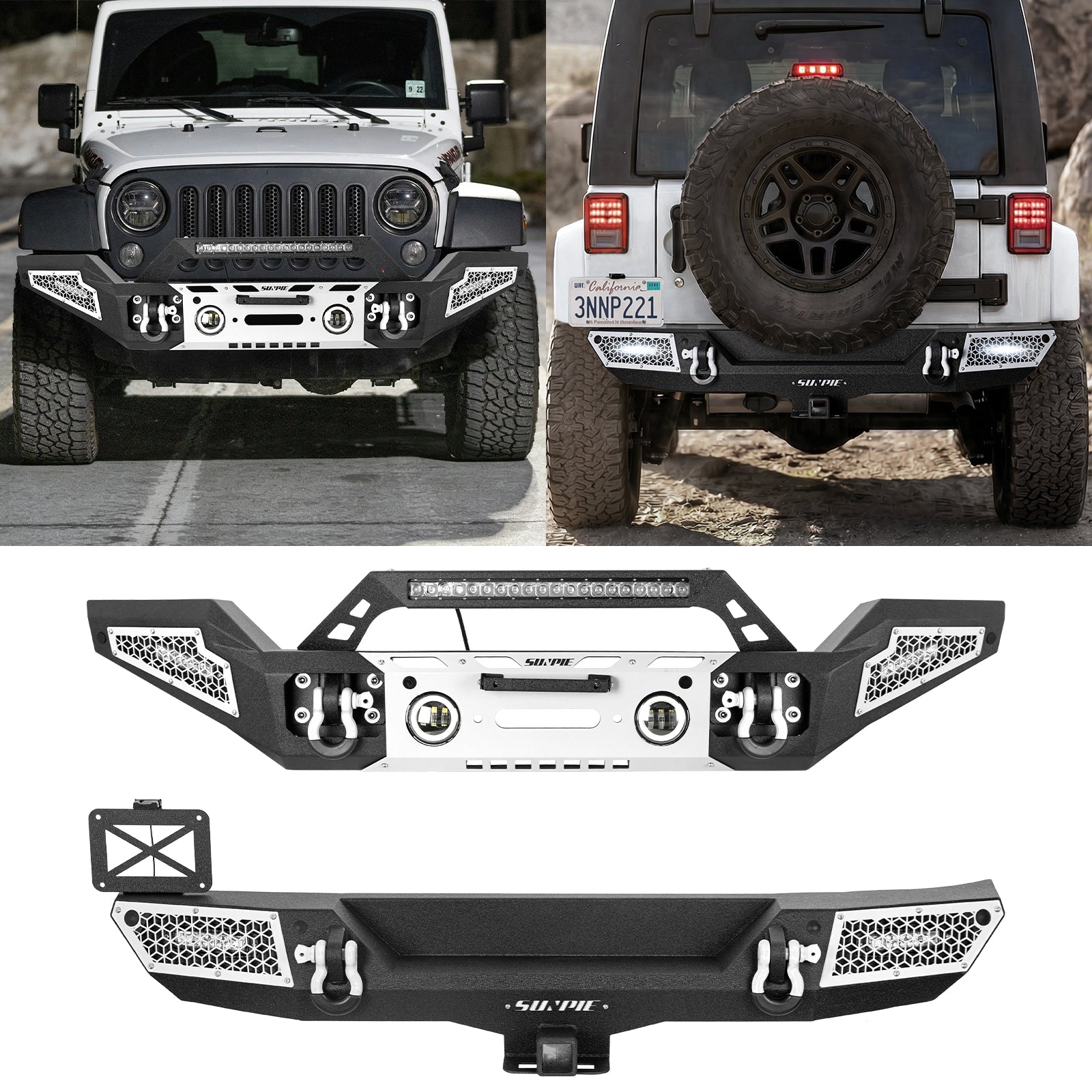 Rugged Carbon Steel Front & Rear Bumper Set for 2007-2018 Wrangler JK/JKU – Includes 6 Color Trim Kits & 2" Hitch