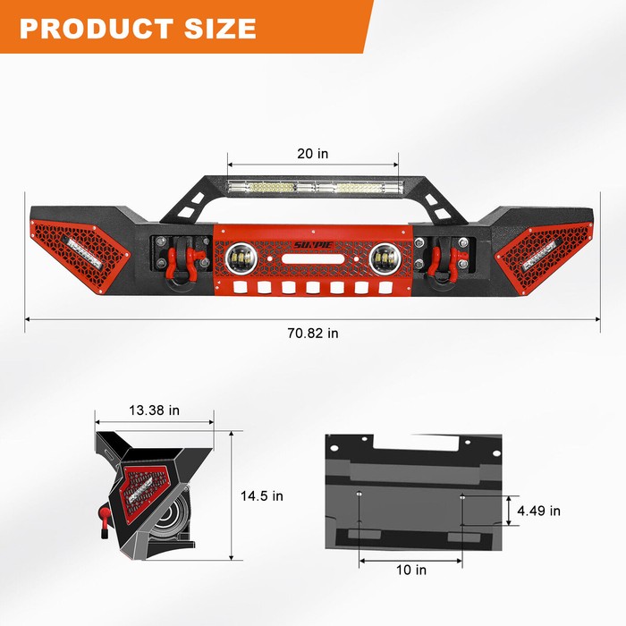 Jeep Wrangler Textured Black Front Bumper with 3 LED Work Lights & 4" RGBW Fog Lights 2 D-Rings & Winch Plate for JK/JKU JL/JLU Jeep Gladiator JT