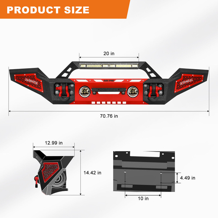 Sunpie Black Steel Front Bumper with Winch Plate and Front License Plate Holder, LED Lights & D-Rings for 2007-2024 Jeep Wrangler JK/JL&Gladiator JT