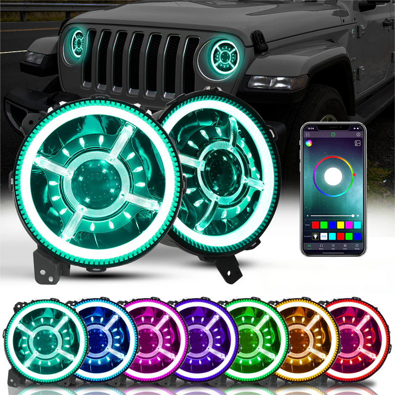 9 Inch RGB Halo LED Headlights for 2018-2026 Jeep Wrangler 4xe JL JLU & Jeep Gladiator JT  (2pcs/set)